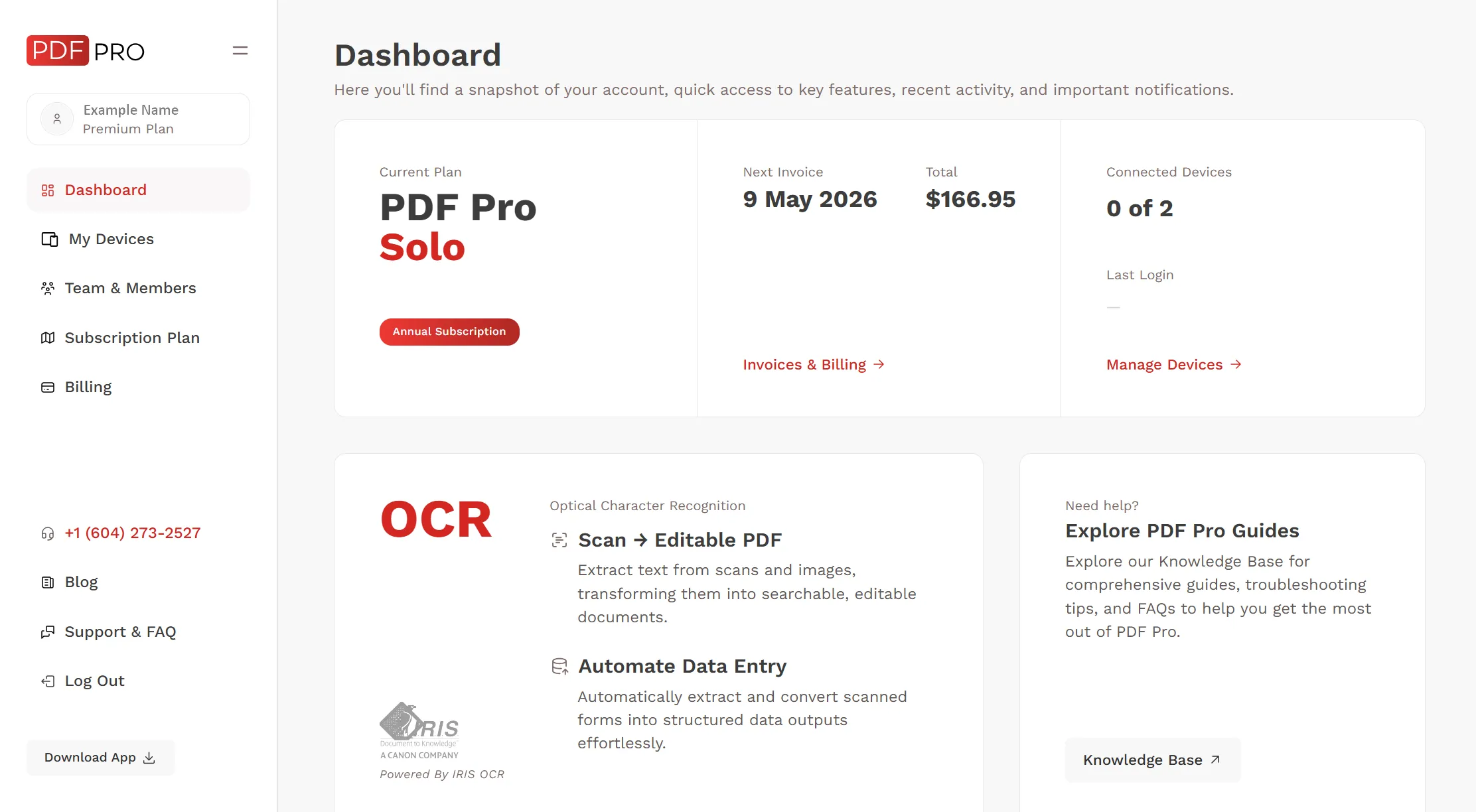 PDFPro customer dashboard, shown with example account data from its public user guide