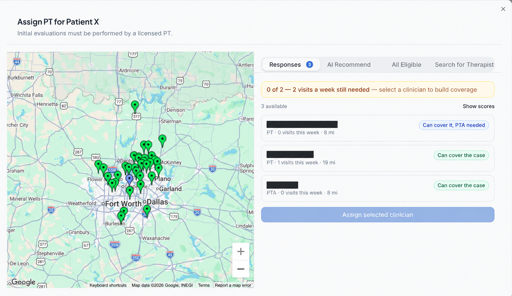ResCom RAIN therapist assignment map and clinician availability, with clinician names redacted